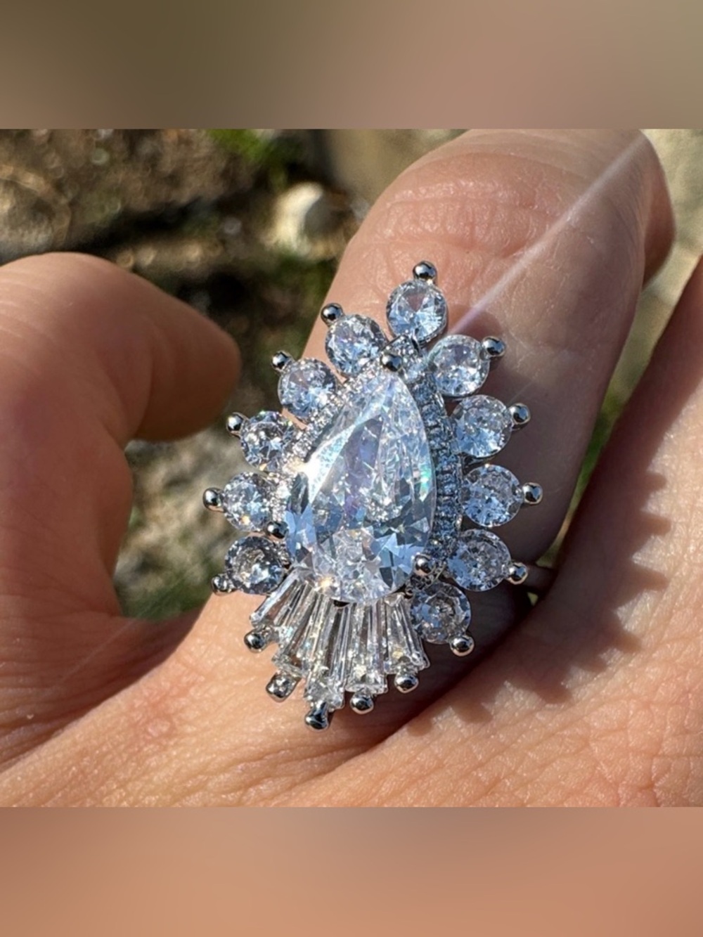 Sparkling Halo Teardrop Cocktail Ring - Silver Size 10 Wedding Engagement